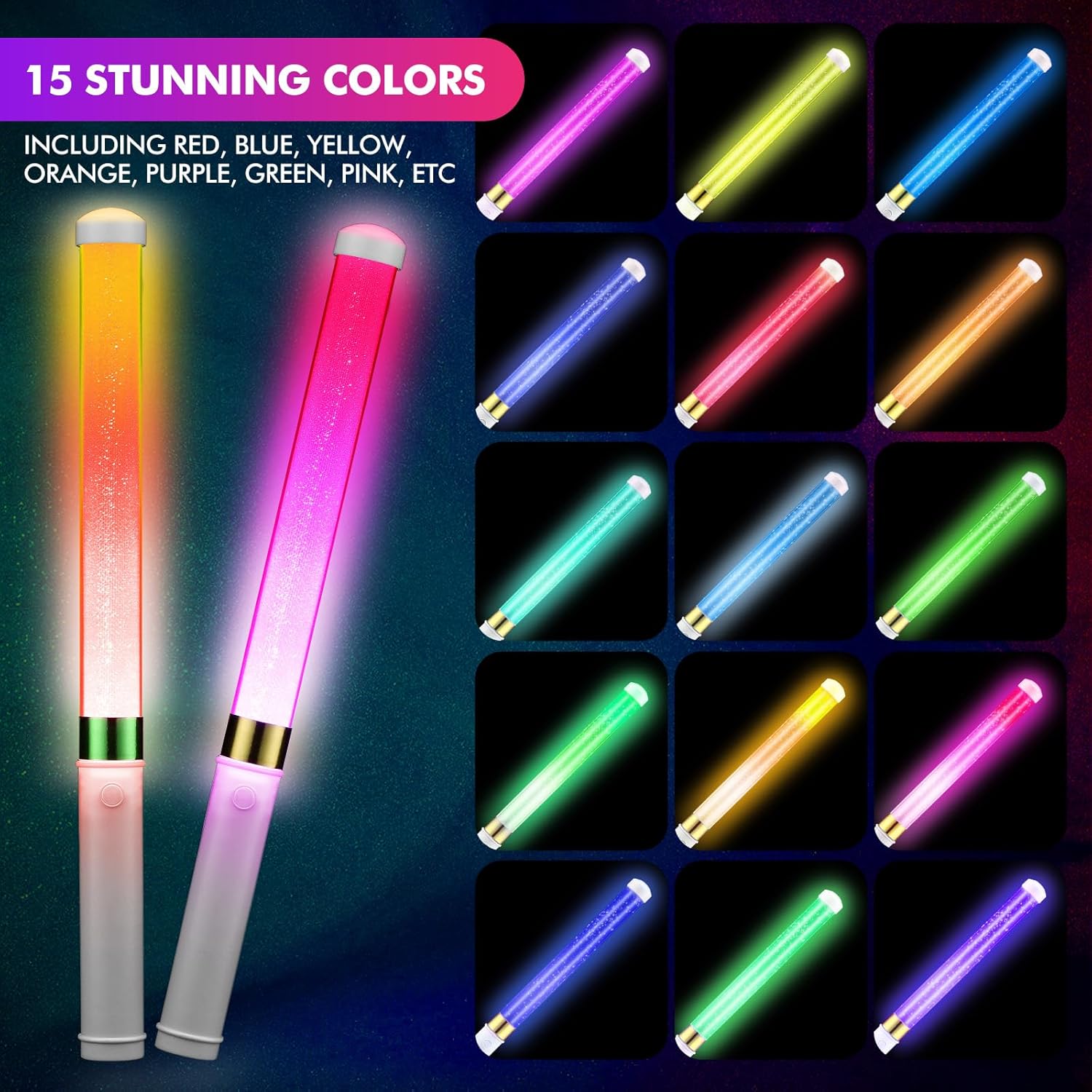 Glooglitter 18 Pcs Glow Sticks Reusable 15 Colors LED Light up Stick Bulk Glow in the Dark Party Supplies Flashing Bright Lightsticks with Aaa Battery Powered for Concert Halloween Carnival (White)