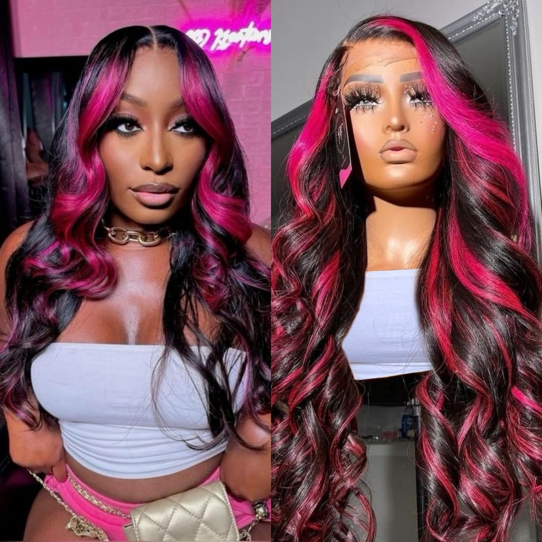 Agairl Ombre Lace Front Wig Human Hair 32 Inch 210% Density 1B/Pink Highlight Wig Human Hair 13X6 HD Lace Frontal Pink And Black Colored Wig Glueless