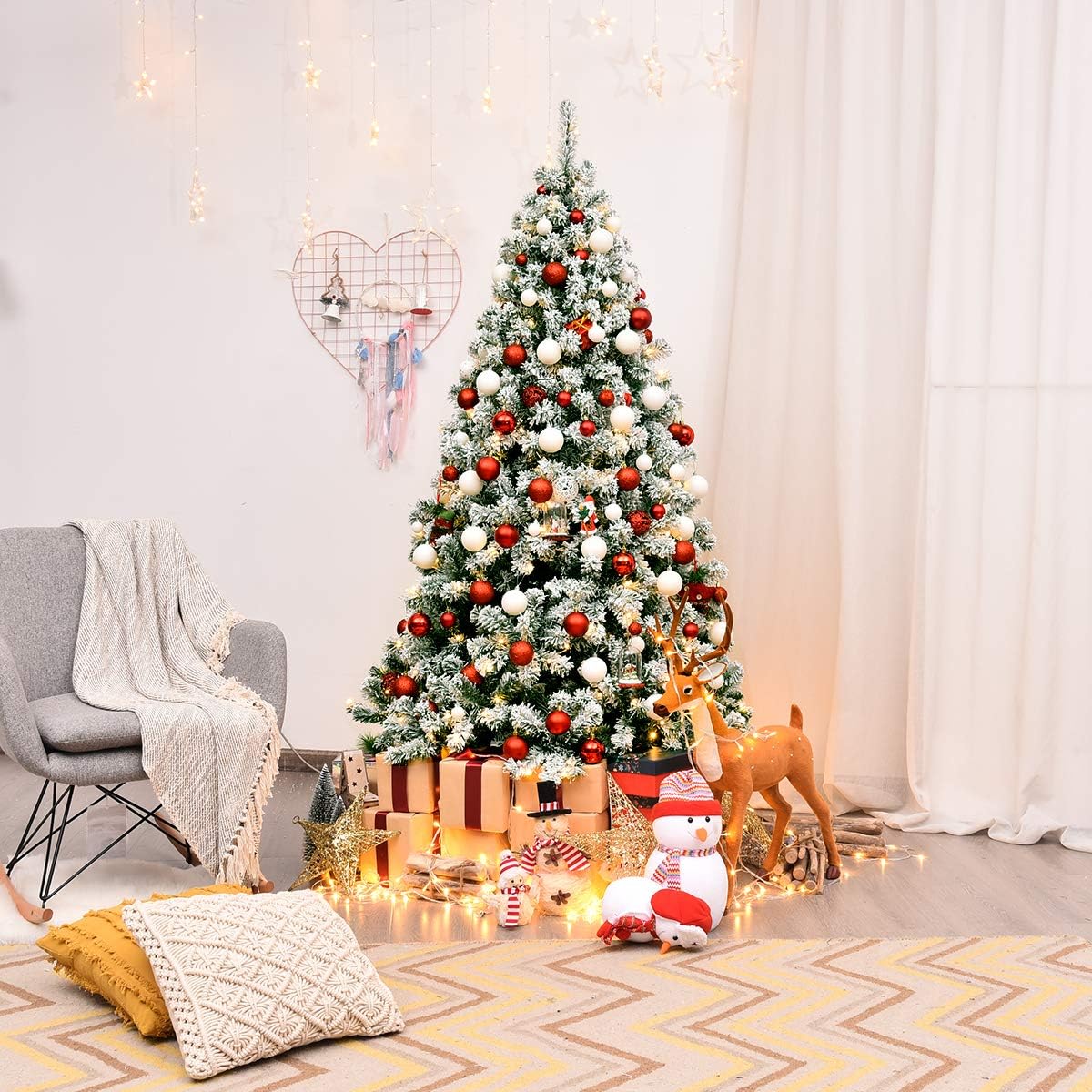 COSTWAY 135/180/225cm Künstlicher Weihnachtsbaum mit Schnee und warmweißen LED-Leuchten, Tannenbaum mit Metallständer, Christbaum PVC Nadeln, Kunstbaum Weihnachten grün (180cm)