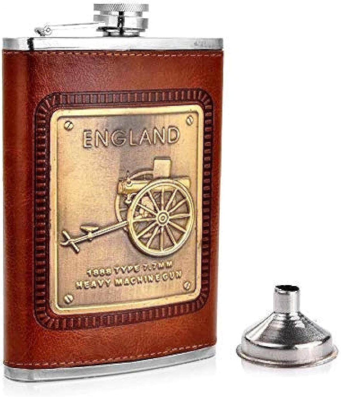 Stainless Steel and Stitched Leather Hip Flask 8 oz (230 Ml), England Design Wine Whiskey Vodka Alcohol Drinks Pocket Bottle with Funnel Set for Men Women