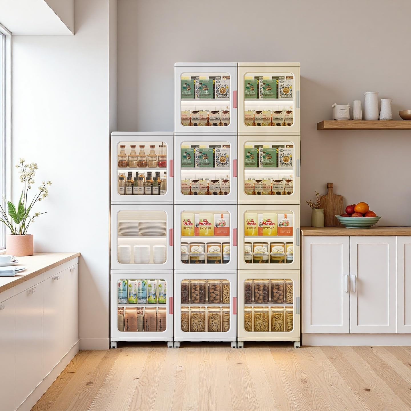 4 Tier White Tall Narrow Storage Cabinet Bundle with 3 Tier White Narrow Storage Cabinet with Magnetic Doors & Adjustable Shelves