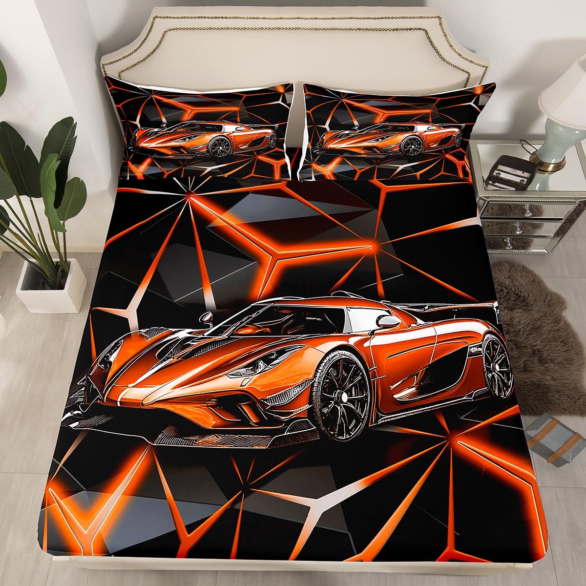 Parure de lit voiture de course orange 2 pièces, le cadeau idéal pour lit simple enfant