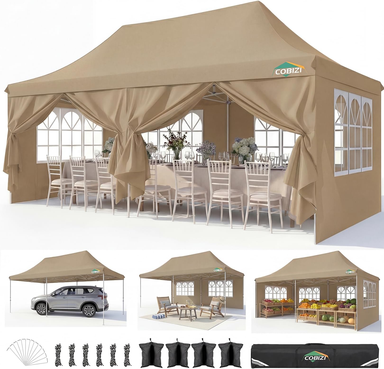 COBIZI 10x20 Pop Up Canopy with 6 Sidewalls, Conical Party Tent 10x20 with 3 Adjustable Height Waterproof, UV-Resistant with Carry Bag, Sandbag, Stake, Ropes for Parties, Commercial (Frame Upgraded)
