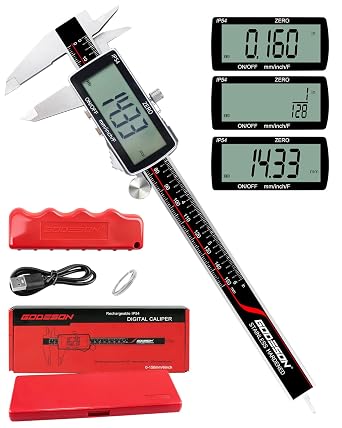 GODESON Digital Caliper, 6 Inch Rechargeable & Power Indicator Caliper Measuring Tool - 0.01mm Accuracy, Large LCD Vernier Calipers - IP54 & Full Stainless Steel, MM/Inch/F for Wood Working, DIY,3D