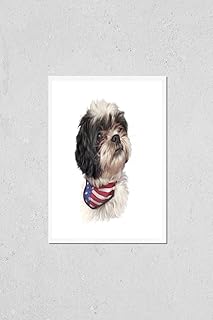 Wall Art Poster Print of Small Domestic Dog with The American Flag Bandana Isolated on White Background. Miniature Poodle. Cute Puppy in Patriotic Dog Clothes. Hand Drawn Pet Illustration. Good for