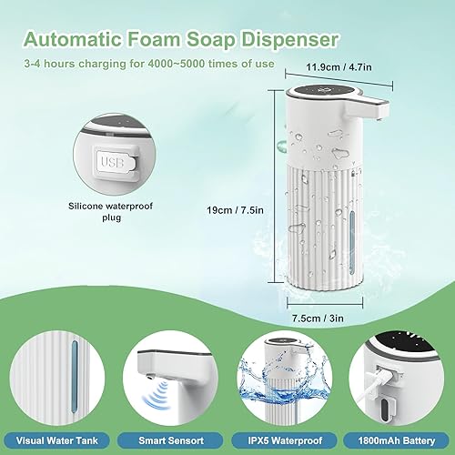 Miniatura 6 de Dispensador automático de jabón, control de flujo continuo, 13.5 fl oz, gran capacidad, recargable, impermeable, dispensador de jabón de volumen