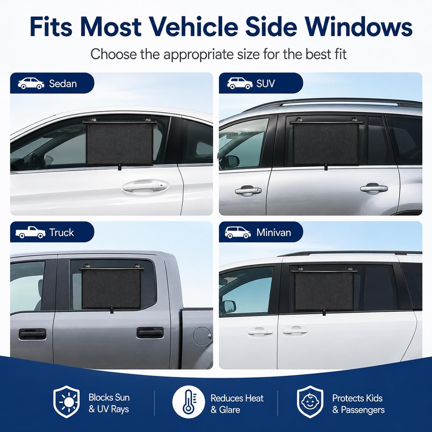 2 Pack Retractable Car Shades for Side Windows - Window Sun Shade for Car with Strong Suction Cups | Roller Shades UV Heat Block Sun Shade for Cars House Office Window (L: 19.6"x19.6")
