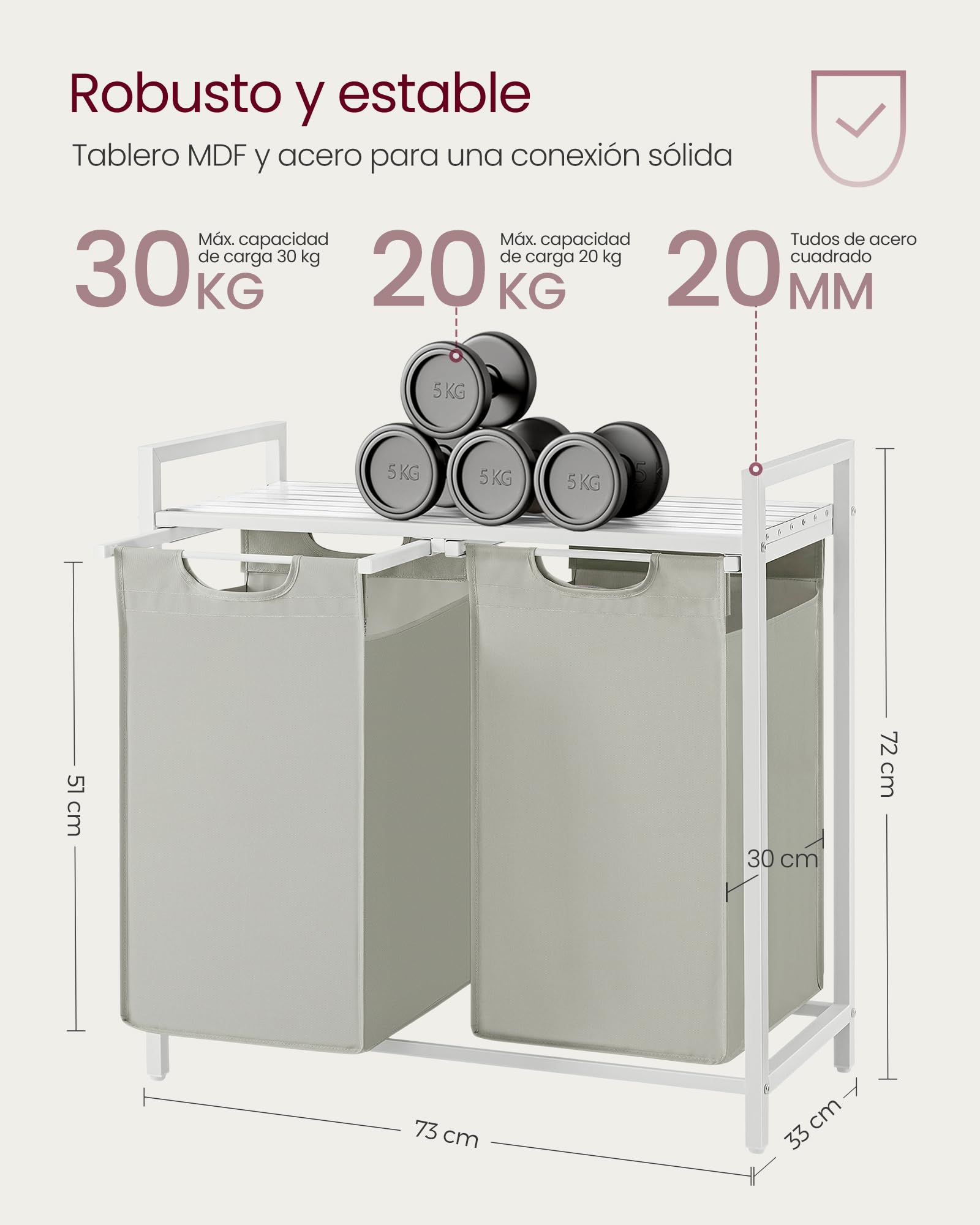 VASAGLE Cesto para Ropa Sucia, 2 Bolsas de Tela Oxford Extraíble, 73 x 33 x 72 cm, Blanco Crema y Blanco Mate