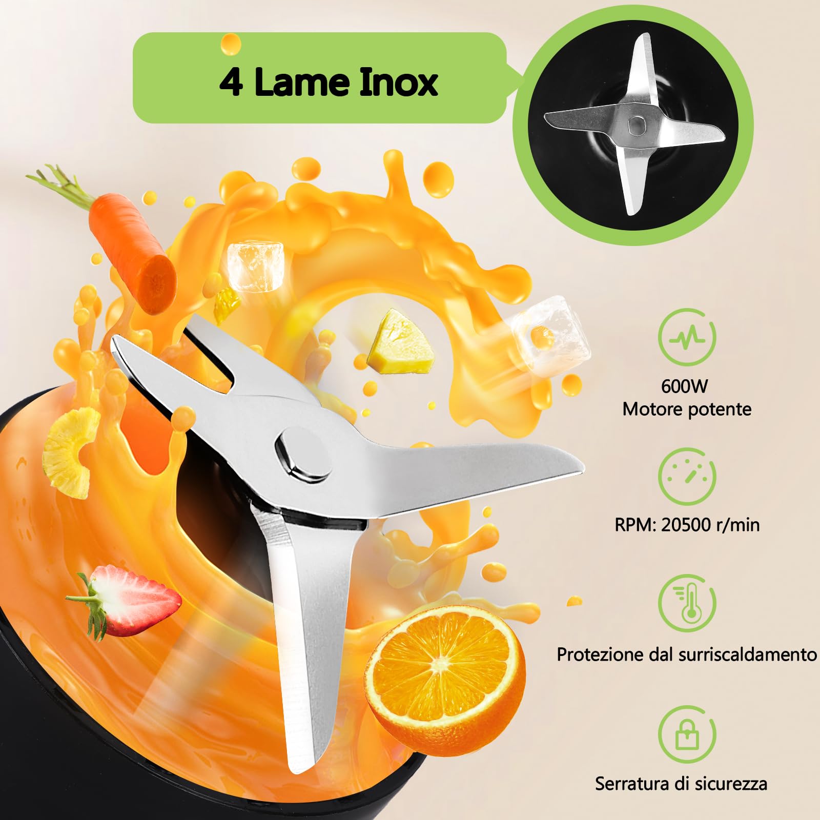 Aigostar Frullatore Portatile, Frullatore Elettrico con borraccia da 2 * 800ml BPA FREE, 2 Velocità e Pulse, 4 Lame Inox, 600W, per Frullati, Trita Ghiaccio e Frutta Congelata. Nero, Baron.