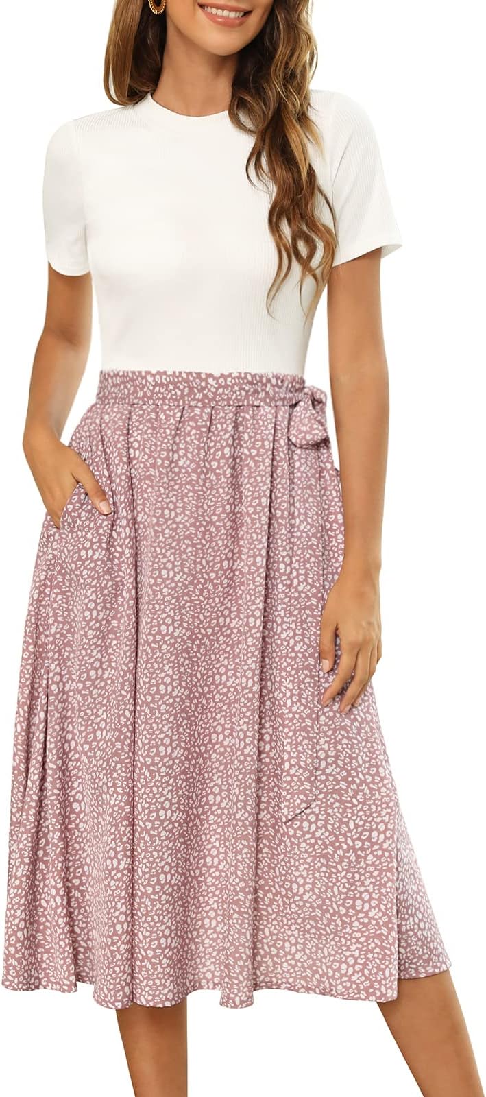 Zattcas Women 2026 Summer Dress Short Sleeve Ribbed Teacher Church Modest Business Casual Work Outfits Midi Dress