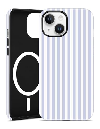 Jusy Compatible with MagSafe Striped Phone Case for iPhone 14 Plus, Cute Aesthetic Magnetic Soft TPU and Hard PC Protective Phone Cover for Women Girls (Matte) - Blue