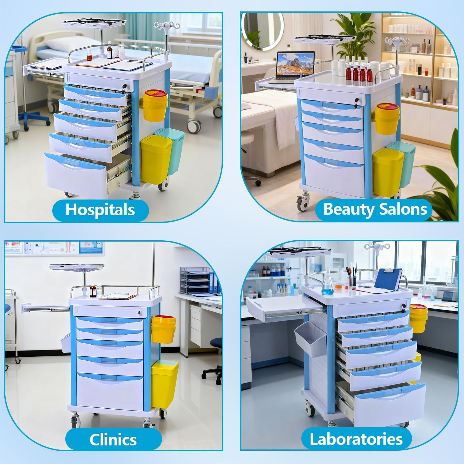 Medical Rolling Storage Crash Cart with Wheels & Drawers, Mobile Medical Cart with 5-Drawer, Medical Rolling Cart for Supplies, Nursing Emergency Cart for Hospital & Clinic, Adjustable IV Pole
