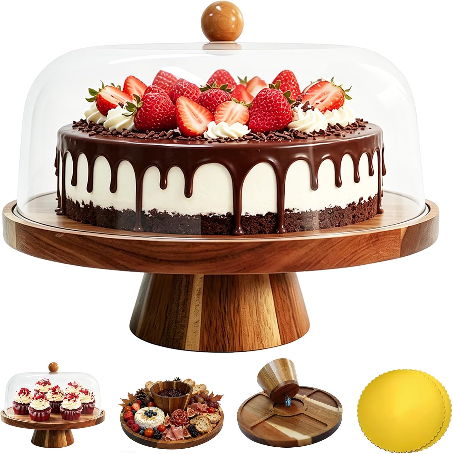 Round 2-in-1 Acacia Wood Footed Cake Stand Lid Charcuterie Display Tray | 11.42In Reversible Acacia Wood Stand With Cover For Cupcakes Fruit Snacks, Weddings Parties Birthdays Home Kitchen Decor