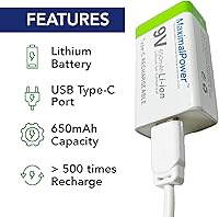 Vista 2 de MaximalPower Batería recargable de iones de litio de 9 V de 650 mAh con cable de carga USB tipo C para detectores de humo, alarma digital, pedales