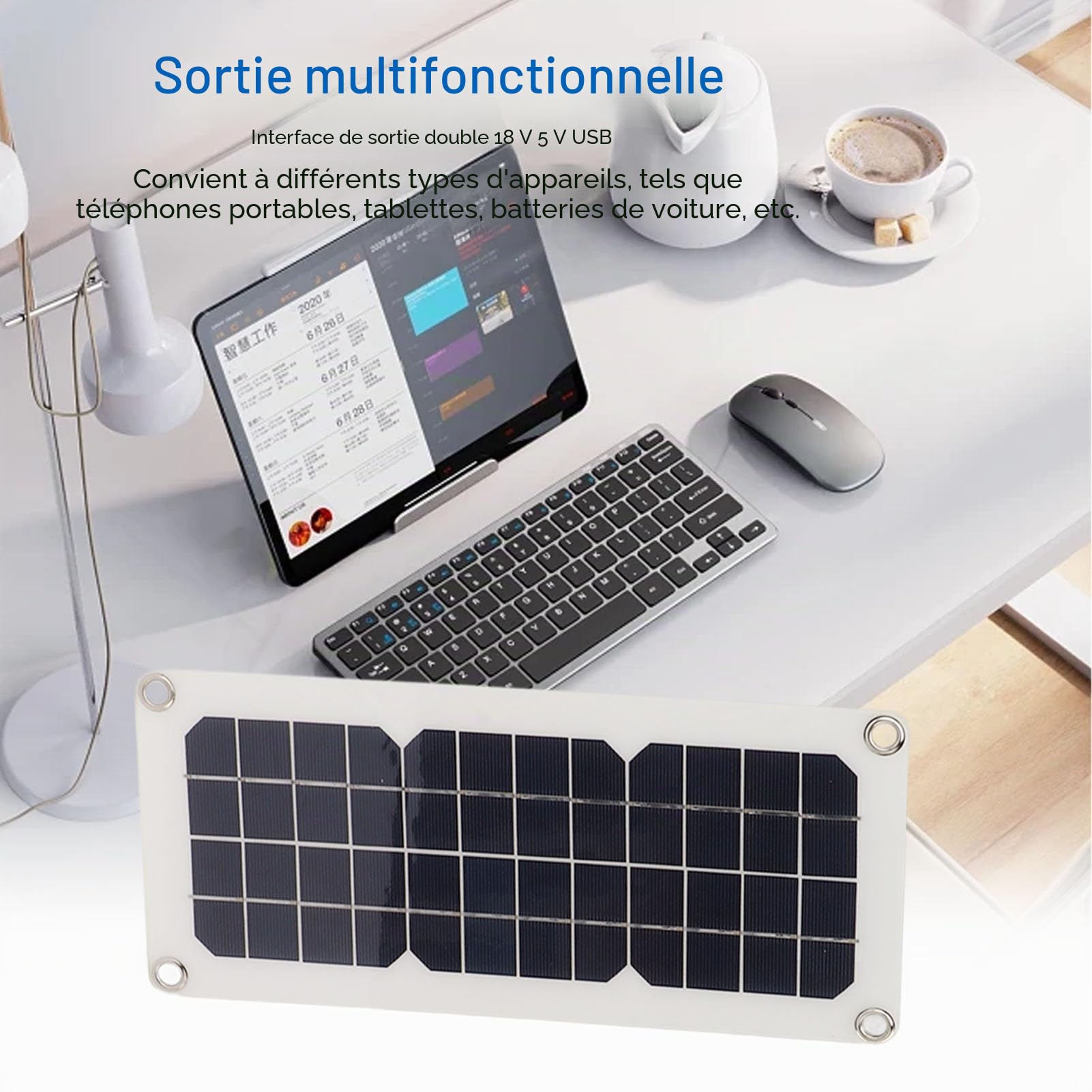 Fockety Kit Panneau Solaire, Panneau Solaire monocristallin étanche de 30W avec Double Sortie USB 18V 5V, régulateur de Solaire 12V 24V, Clip Batterie pour VR, Camping-Car