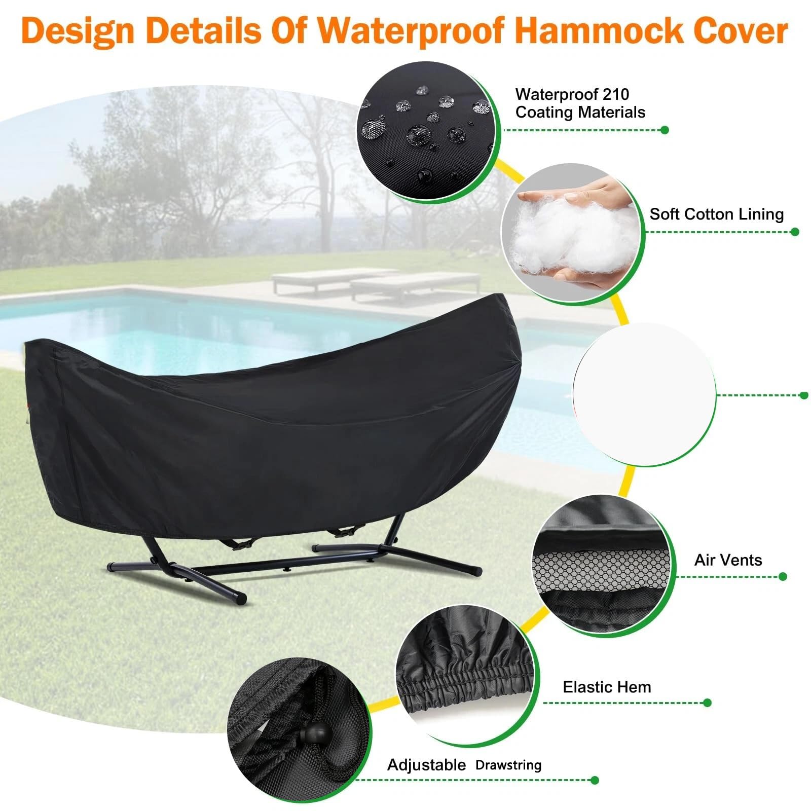 Bâche de protection imperméable durable Oxford 420D pour hamac d'extérieur 370 x 140 x 93 cm avec cordon de serrage Noir Protection de jardin
