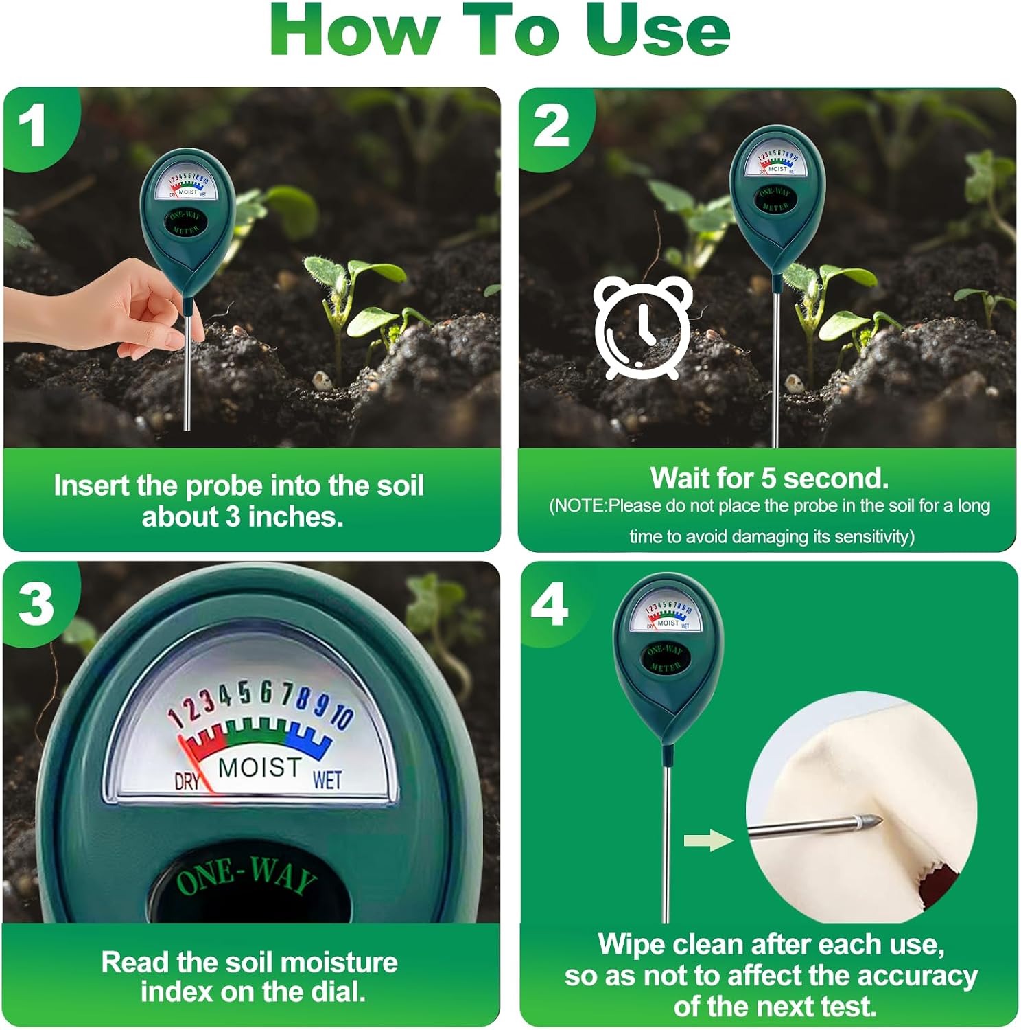 Green Soil Moisture Meter, Plant Water Meter, Soil Water Tester for Houseplants, Hygrometer Sensor Water Monitor for Indoor Outdoor Garden, Potted Plants, Farm, Lawn, No Battery Needed (1)