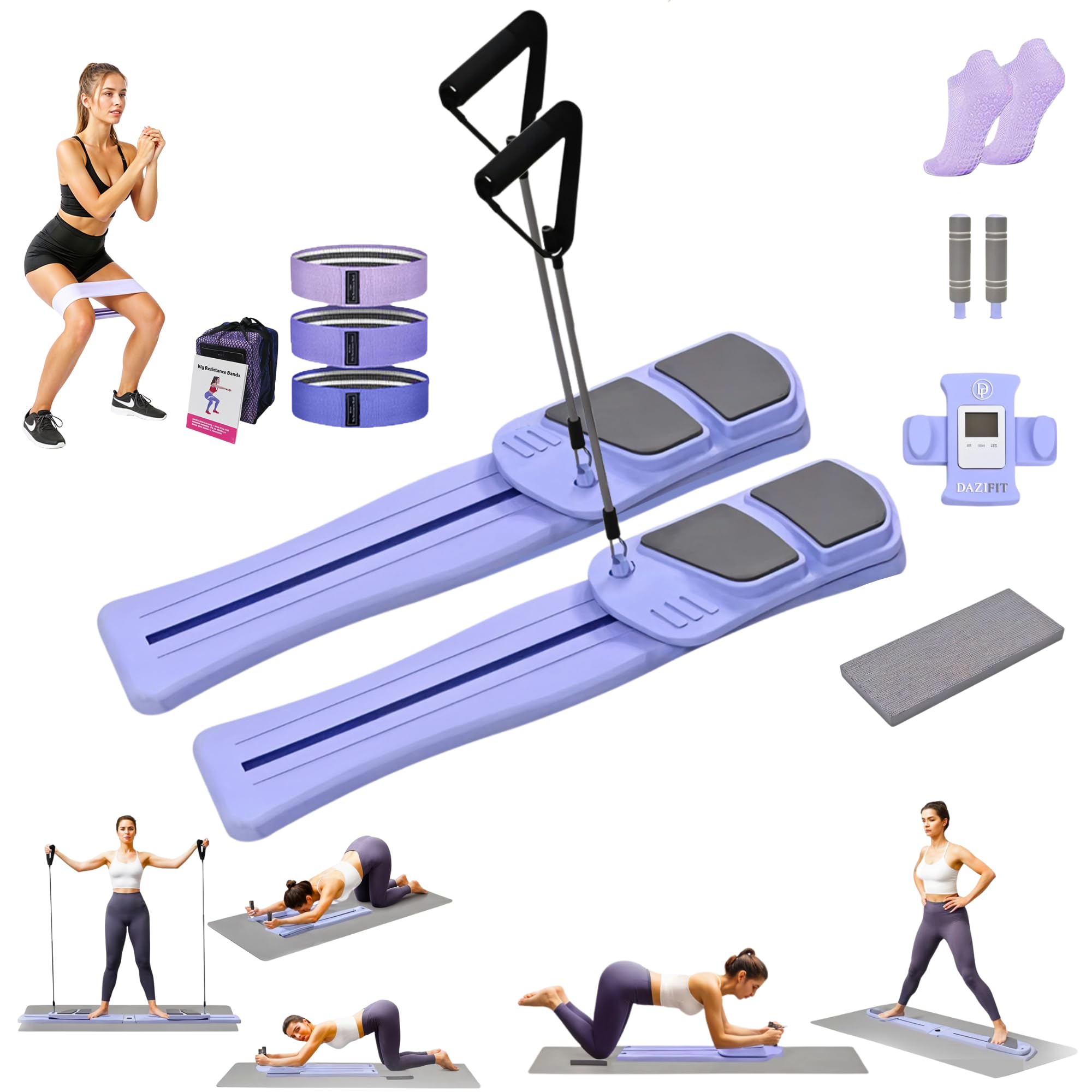 Pilates Board 8-in-1 Set by DAZIFIT - Portable Reformer with Resistance Bands, Handles & Non-Slip Socks - Foldable Workout Equipment for Core, Glutes,