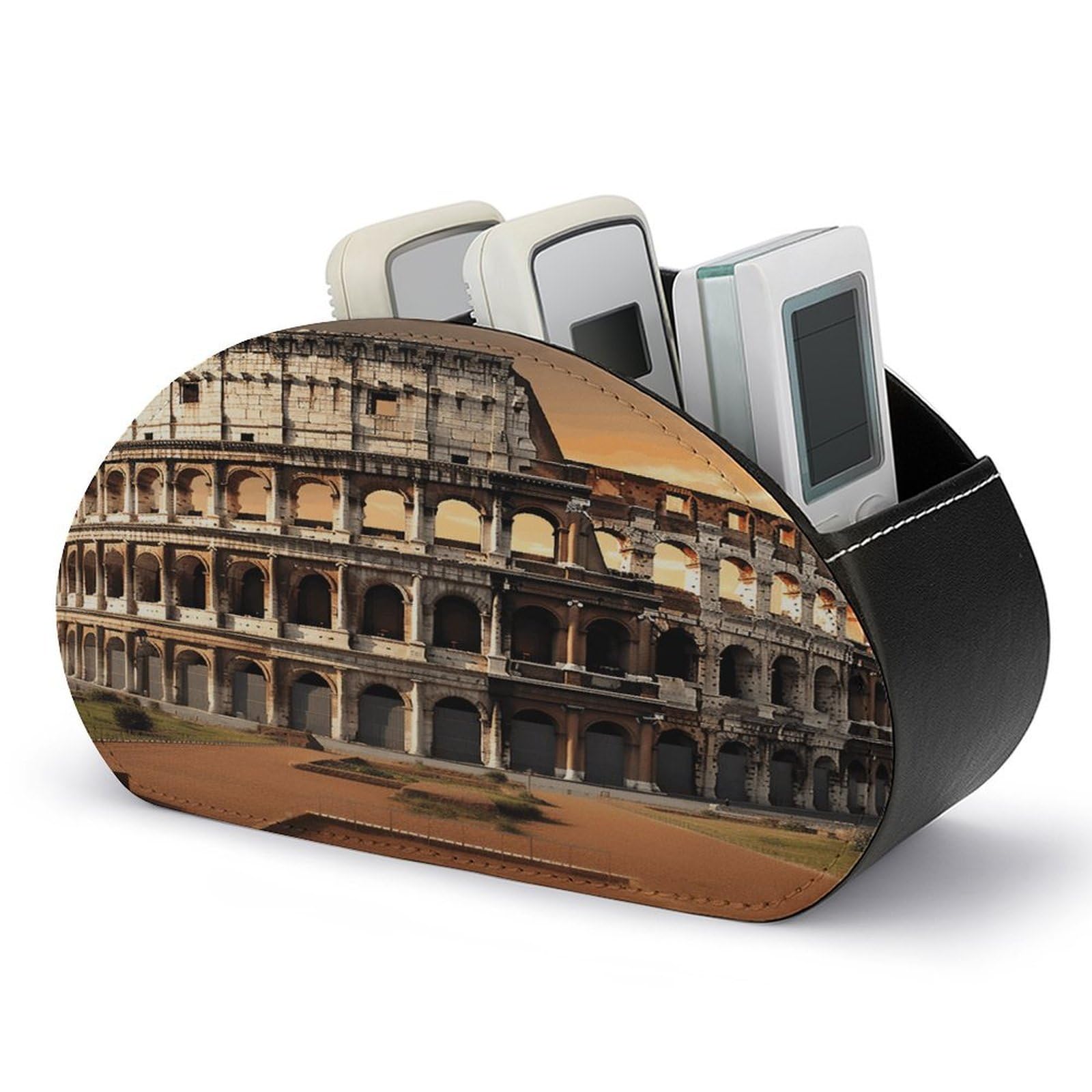 VstaDank Ancient Colosseum Remote Control Holder Farmhouse TV Media Remote Storage Box with 5 Compartments PU Leather Remote Caddy Desktop Organizer for Home Bedside Table Organizer