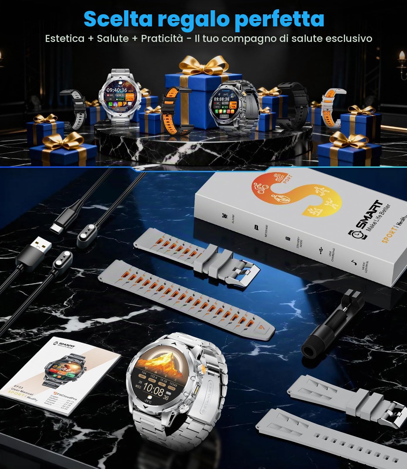 Orologio Smartwatch Uomo con Chiamate/Batteria 1000 mAh per Android iOS, 1,53" HD Smartwatch Militare con Frequenza Cardiaca/129 Modalità Sportive, Impermeabile IP68 Torcia Fitness Watch, 3 Cinturini