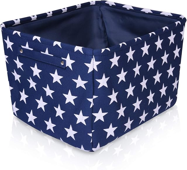 Blue Star Canvas Storage Basket - Rectangle Fabric Basket with White Stars  Perfect for Household Storage, Fabrics or Toys. Size: 40cms x 30cms x 25cms