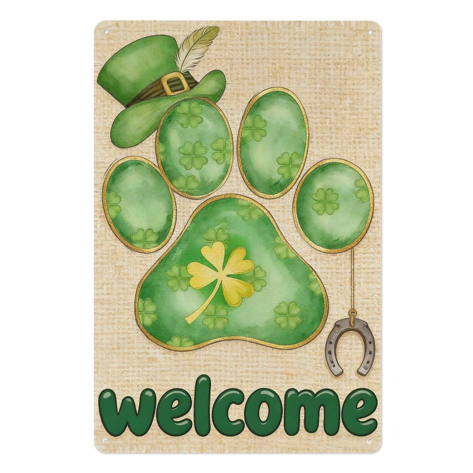 peiyeety 8x12 Inch St. Patrick's Day Welcome Metal Tin Sign – Lucky Clover & Paw Print with Green Hat & Horseshoe, Rustic Shamrock Wall Art for Pub, Bar, or Home