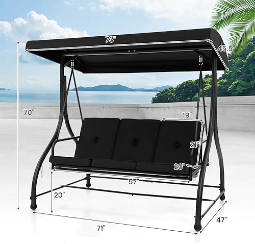 Miniatura 7 de Tangkula Columpio de porche para 3 personas, cama columpio convertible 2 en 1 para patio con cojines extraíbles, estructura de acero sólido,