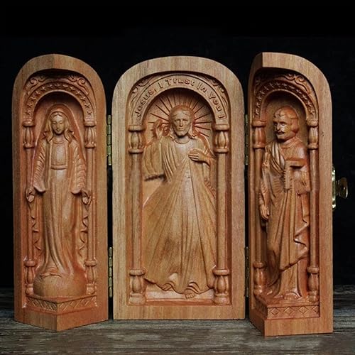Miniatura 3 de Wnvivi Caja de tríptico católico sacramental de madera hecha a mano, escultura artística de Jesús, Nuestra Señora, protectores celestiales de José