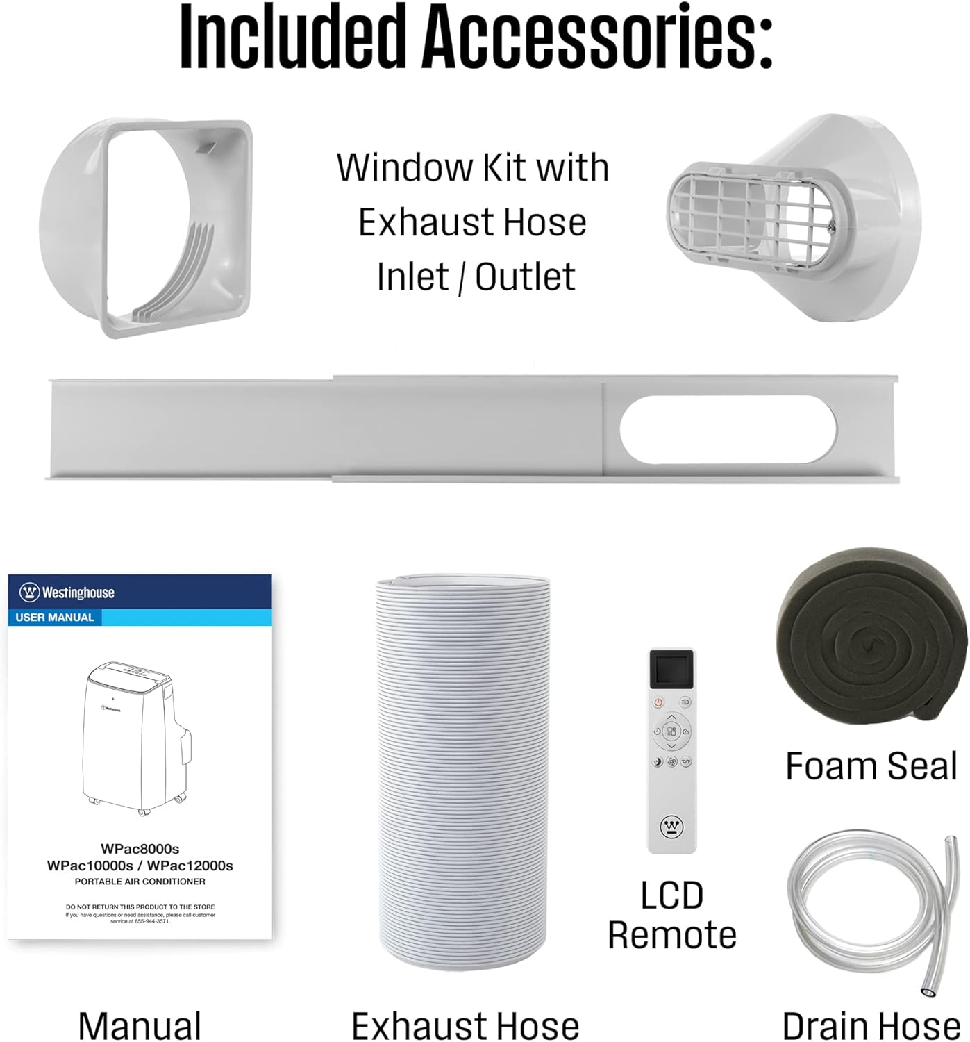 Image showing all included accessories: user manual, exhaust hose, drain hose, foam seal, LCD remote, and window kit components.