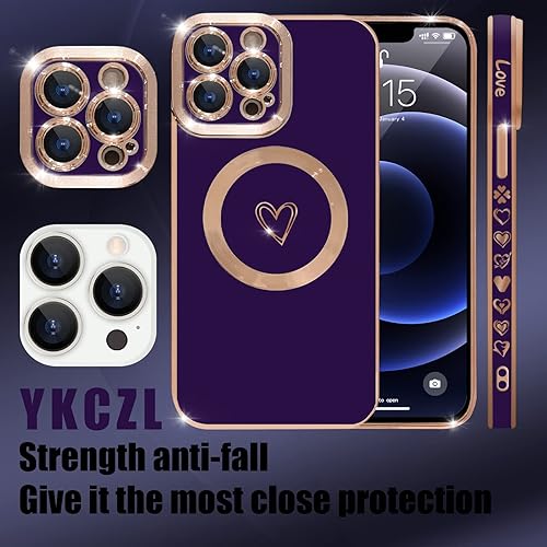 Miniatura 2 de YKCZL Funda compatible con iPhone 13 Pro con MagSafe, funda magnética de lujo chapado en forma de corazón lindo y protección completa de lente de