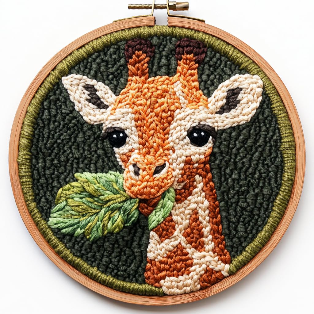 Generic Punch Needle Kits Cute Baby Giraffe Chewing Leaf - punch needle and rug punch | Mubboo