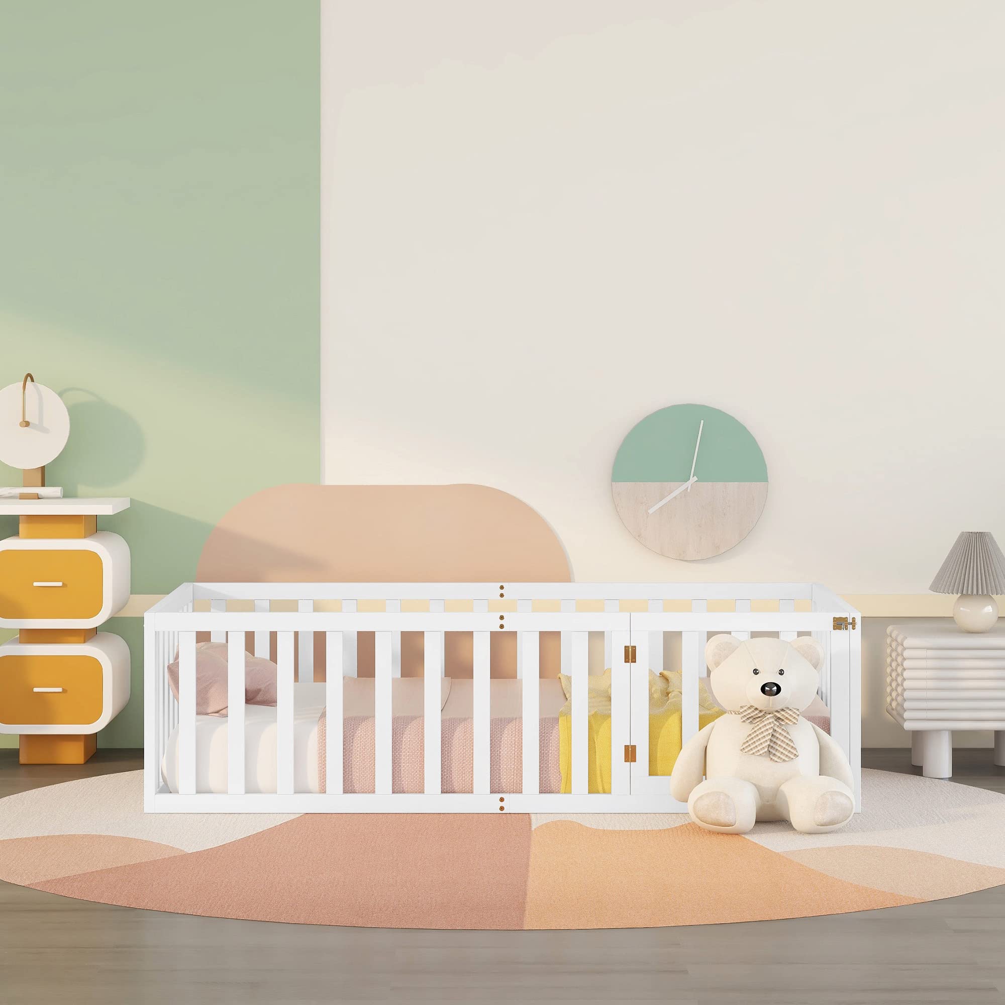 Zepneiy Letto per bambini, 90 x 200 cm, telaio per letto a pavimento in legno massello, letto per bambini con recinzione e porta, bianco