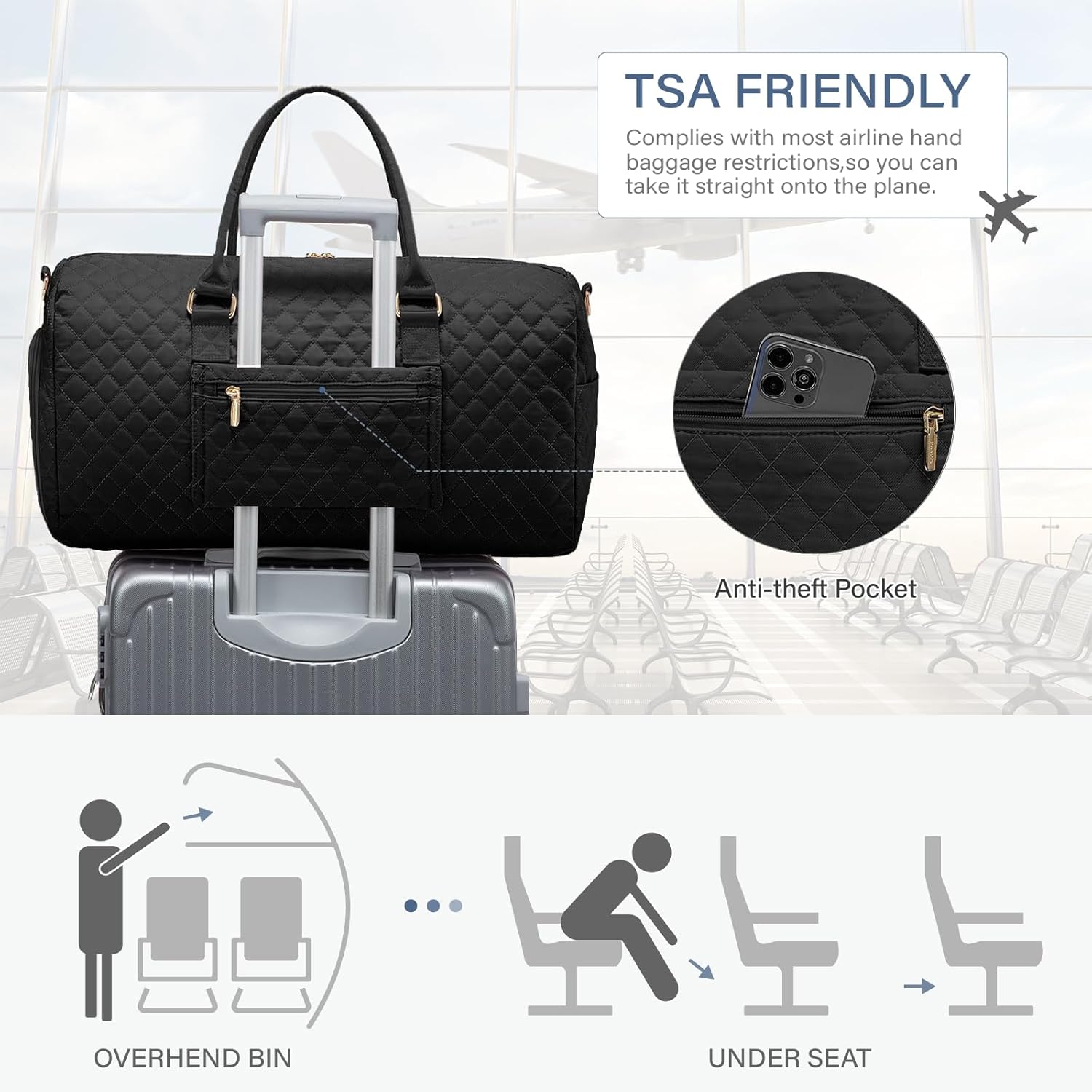 Duffle Bag for Travel,Personal Item Travel Bag with Toiletries Bag,Gym Bags for Men and Women with Wet Pocket & Shoes Compartment(Black) - Image 4