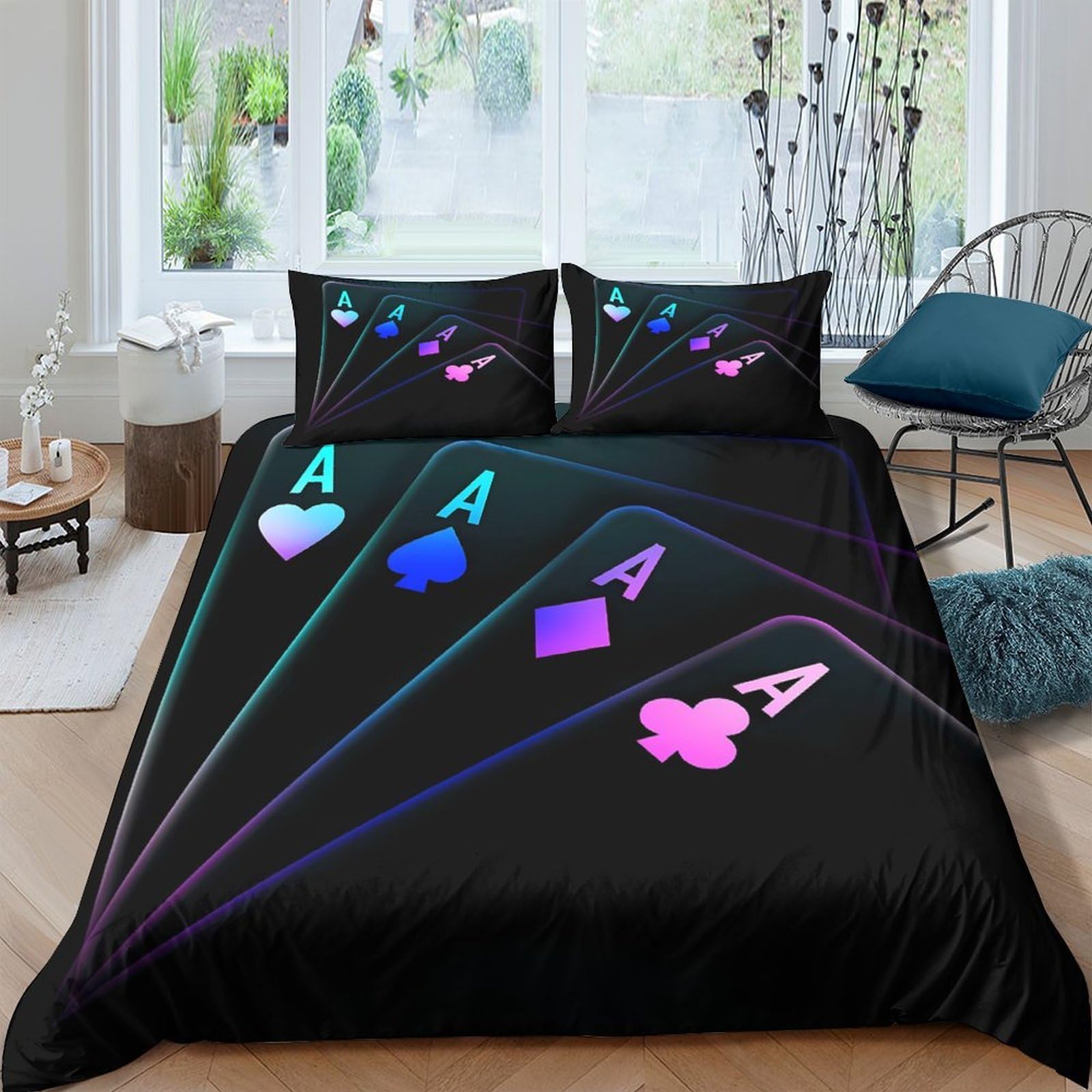 Ctjqhvkz Style-9 3D Printed Neon Poker Cards Fitted Sheet Microfiber Black Playing Card Mattress Cover For Bedroom Dorm Decor Single（135X200cm）