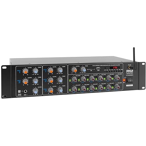 Pyle 12-Channel Wireless Bluetooth Power Amplifier - 6000 Watts Maximum Power Output, Multi-Zone Audio Source Mixer Receiver with USB, SD, AUX Inputs, and Digital LED Display Panel - PT12050CH.5
