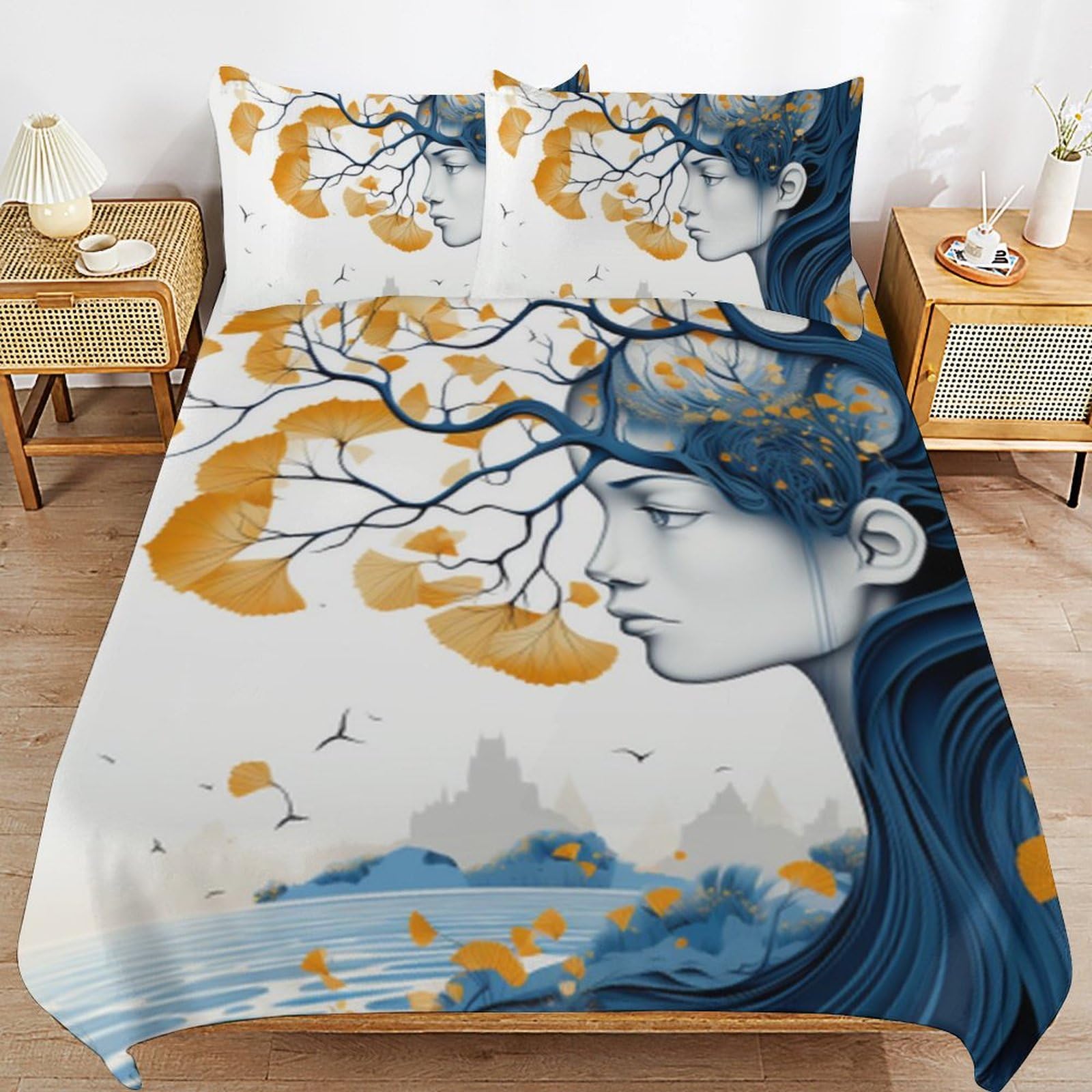 Ropa de cama GinkgoBiloba de microfibra con cremallera para evitar que el edredón se mueva en la cama