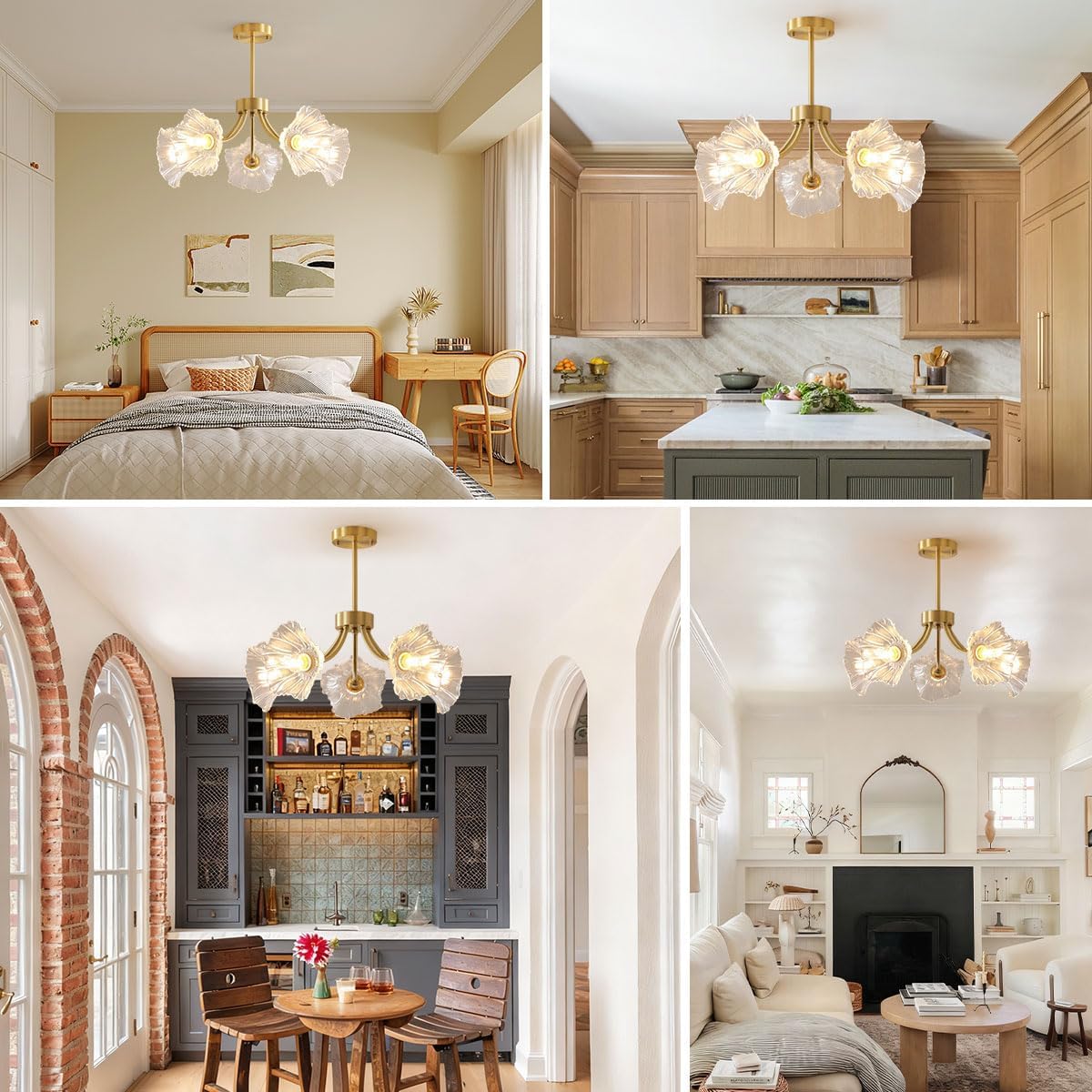 Semi-Flush Mount Ceiling Lights Fixtures Mid Century Modern Ceiling Lamp with Clear Glass Flower Shade Glass 5-Lights Chandelier Gold Brass Ceiling Lighting for Bedroom Dining Room