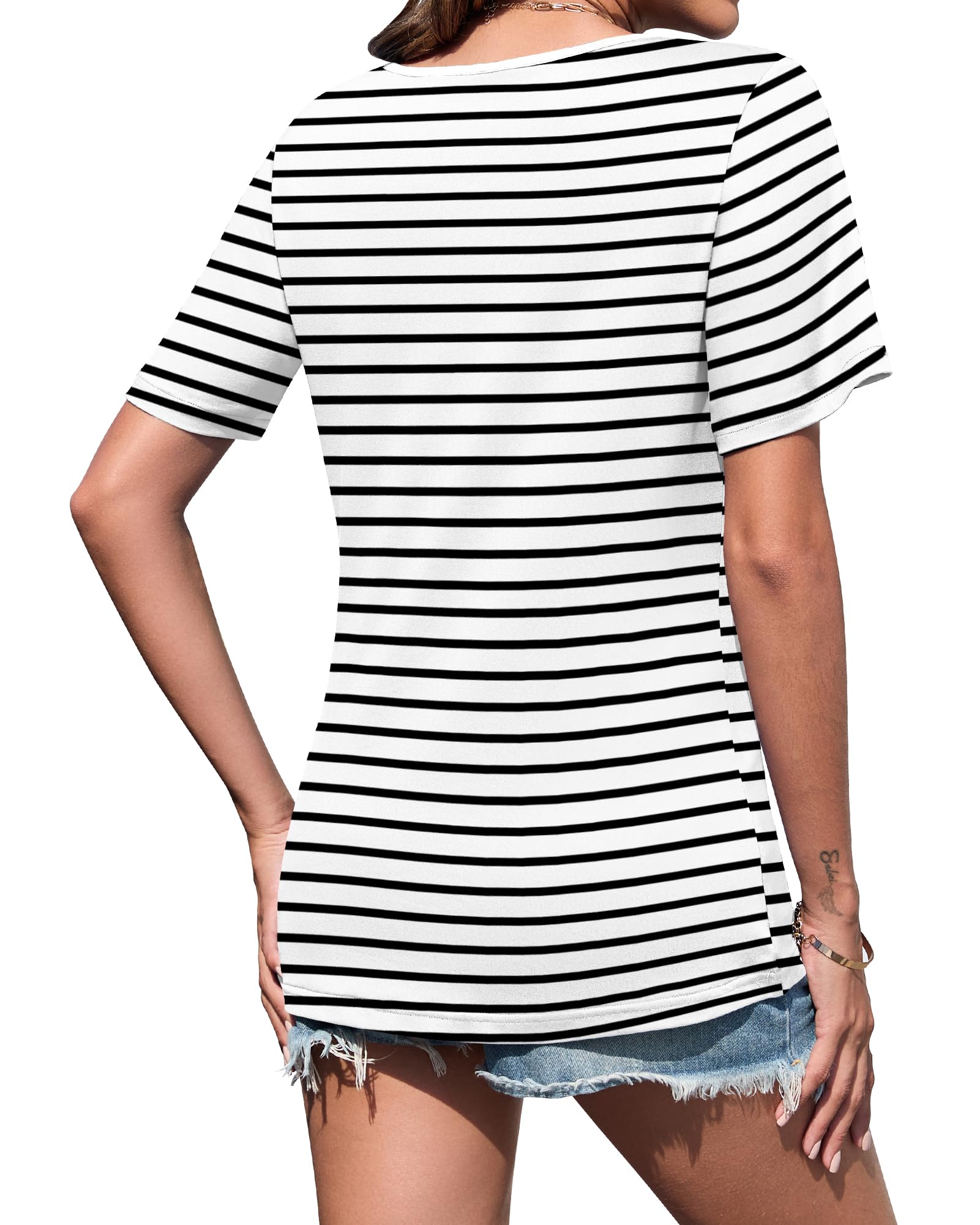 WNEEDU Tee Shirt Femme Col V T-Shirt Manches Courtes Haut Ete Basique Top Elegant avec Bouton