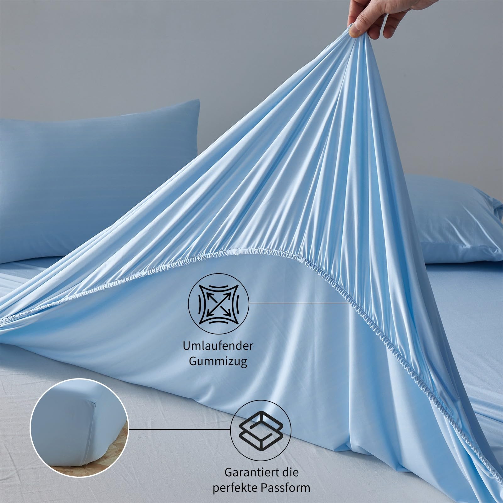 Lenzuolo con angoli elasticizzati estivi in raso, 160 x 200 cm, blu chiaro, 90% nylon + 10% elastan, Q-Max > 0,4, lenzuolo elastico fino a 30 cm di altezza, per sudorazione notturna e per dormire