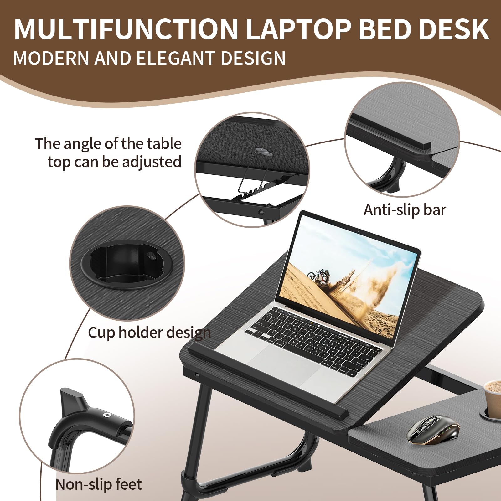 Arvioo Betttisch Laptoptisch Höhenverstellbar 57 x 33 x 28 cm Betttablett mit Anti-Rutsch-Streifen und Cup Slot Laptop Tisch für Sofa Arbeiten Bett Studieren Lesen Schreiben (Schwarz Gebürstet)