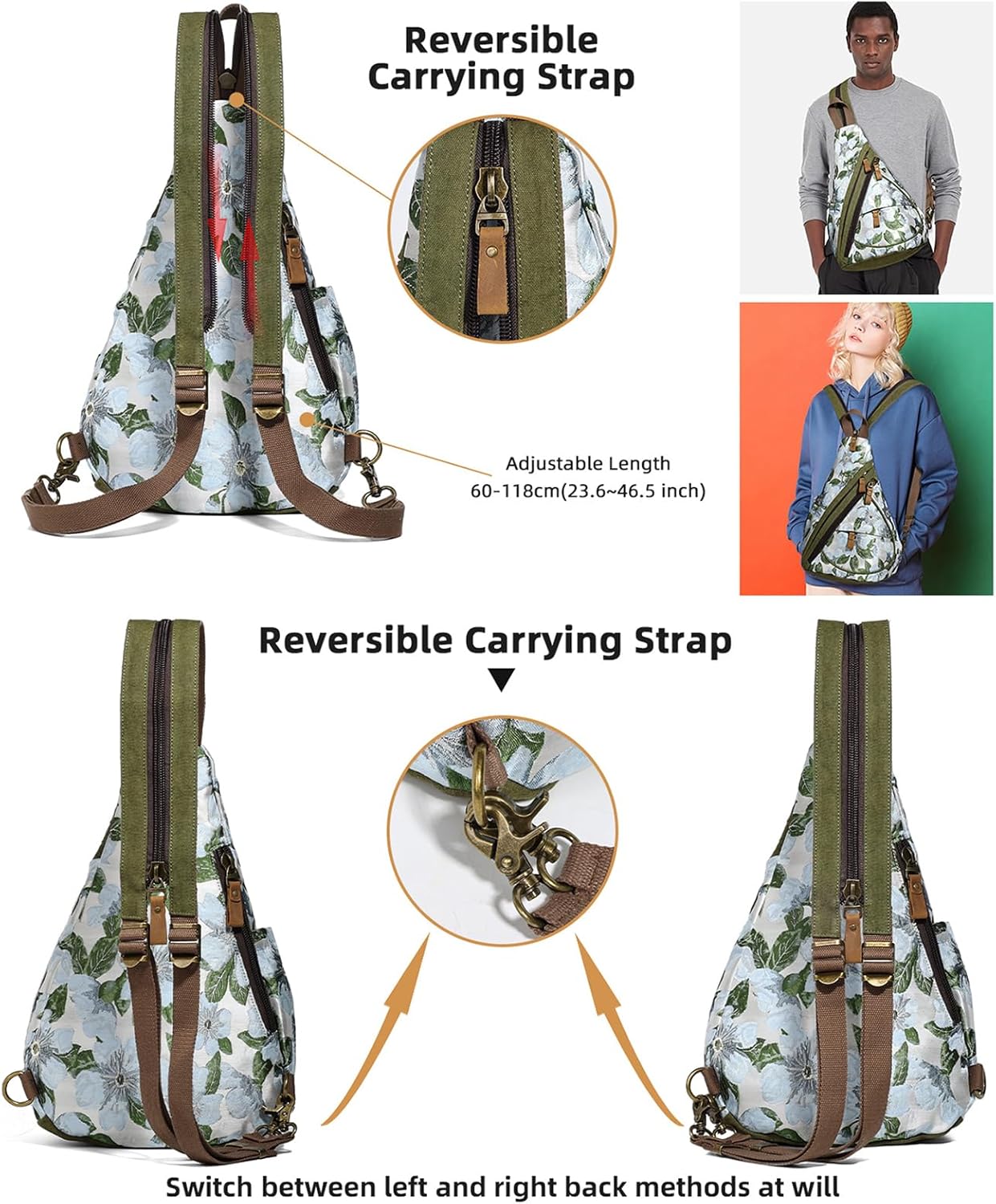 KL928 Canvas Sling Bag - Small Crossbody Backpack Shoulder Casual Daypack Rucksack for Men Women(Embroidery Green) - Image 3