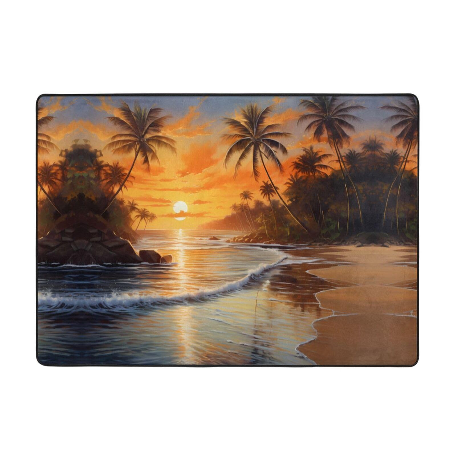 Tapis imprimé cocotiers doux sous une table basse de salon moderne