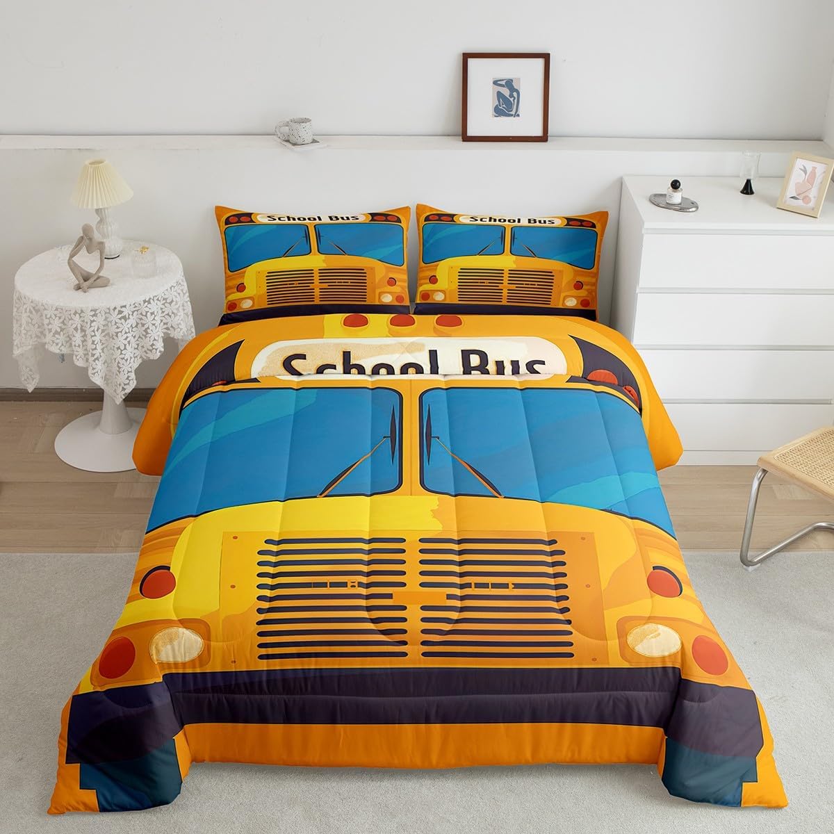 Feelyou School Bus Comforter Twin Size for Boys Girls, Bus Comforter Set Vehicles Truck Car Bedding Set Yellow Duvet Set 2Pcs