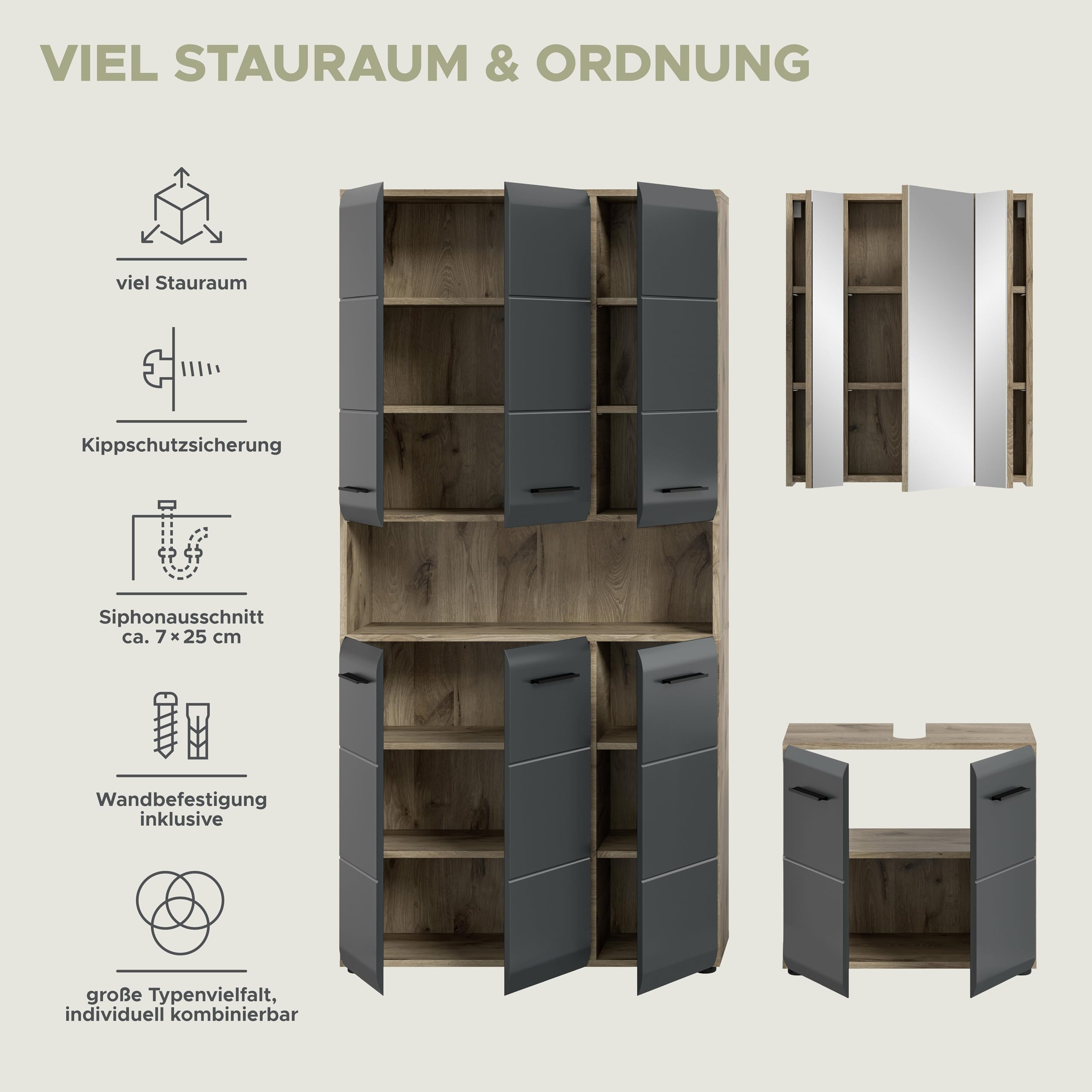 xonox.home – 3 TLG. Kompakte Badkombination Ice 165x185x30 cm in Korpus Nox Oak Nachbildung und Front schwarz matt – Stilvolles Möbel-Set für Moderne Badezimmer – pflegeleicht & funktional