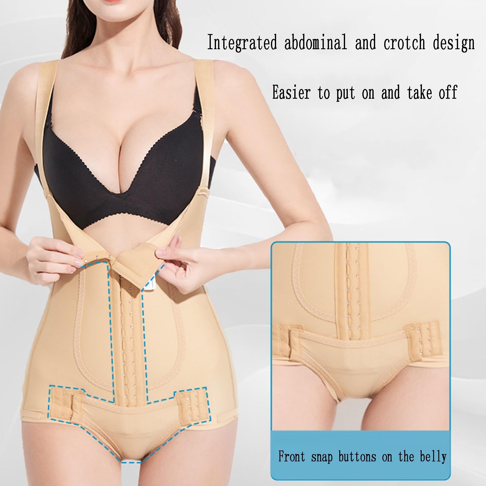 Shapewear Post-liposuccion, Crochets Avant à Plusieurs Rangées, Fermeture Pression l'entrejambe