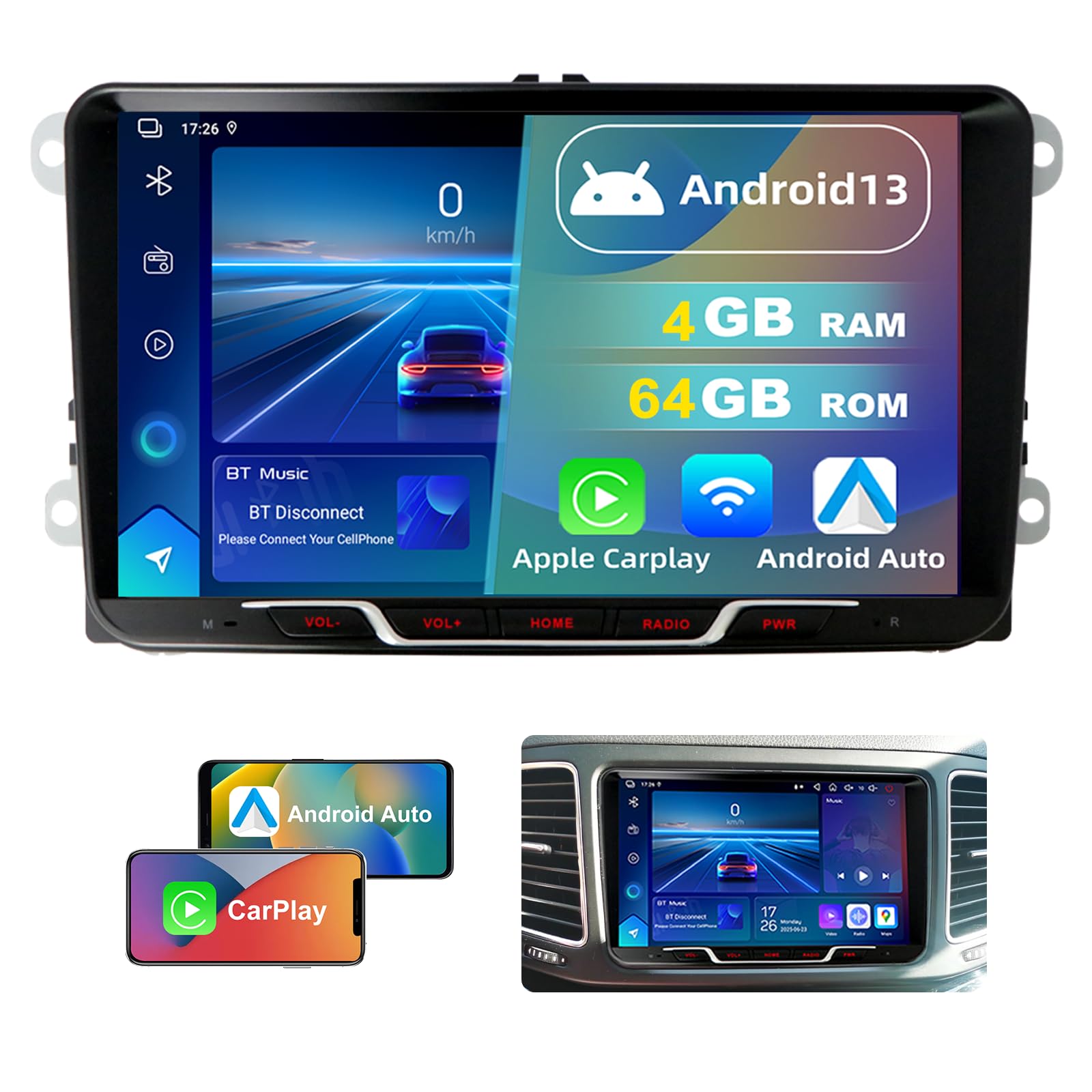 Echte 4GB+64GB Android Autoradio für VW Sharan 7N Seat Alhambra 7N 2010-2022, 2-DIN 9 Zoll QLED-Display, Wireless CarPlay & Android Auto, 1080P Rückfahrkamera, GPS, WiFi, Bluetooth, DSP, RDS