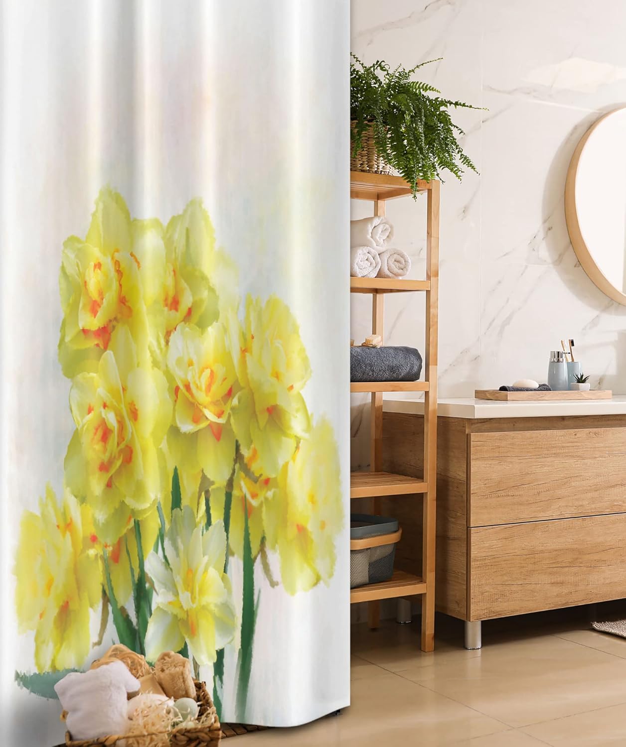 Ambesonne Daffodil Stall Shower Curtain, Digital Watercolors Paint of Daffodils Bouquet Called Jonquils in England Lily, Fabric Bathroom Decor Set with Hooks, 36" W x 72" L, Yellow Green