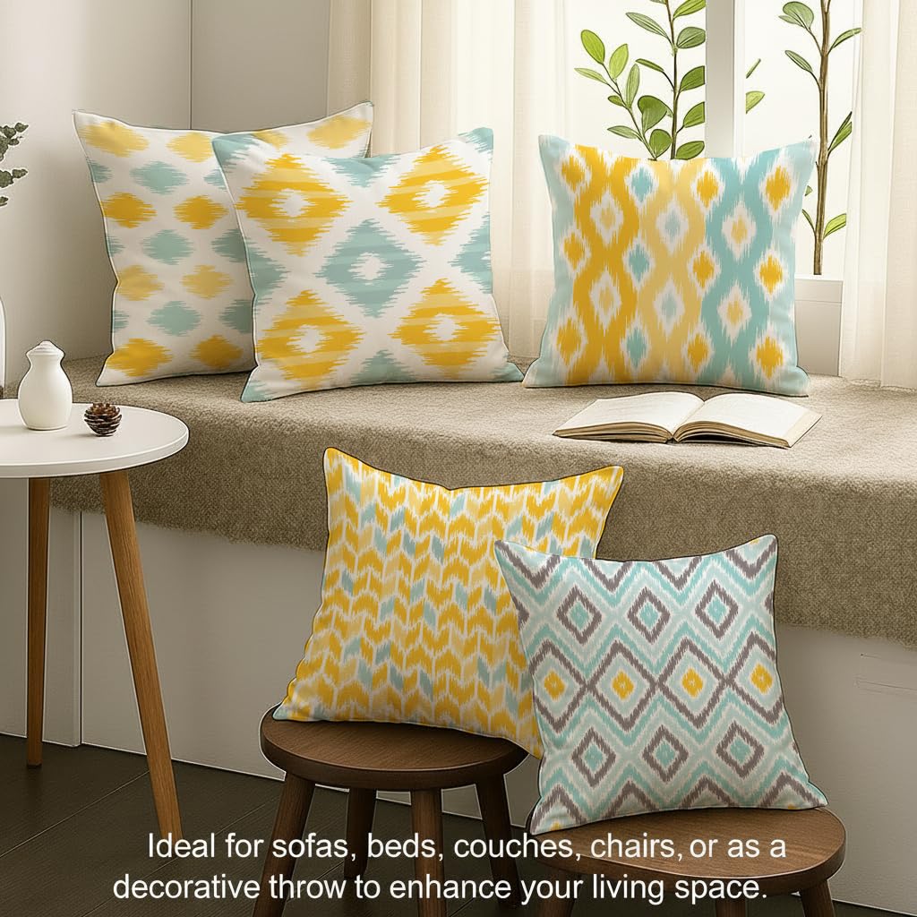 STITCHNEST Set of 5 Jute Cushion Covers – 16x16 Inches – Yellow & Aqua Ikat-Inspired Geometric Print – Vibrant Cushion Covers for Sofa, Couch & Living Room | Perfect for Home Decor 1