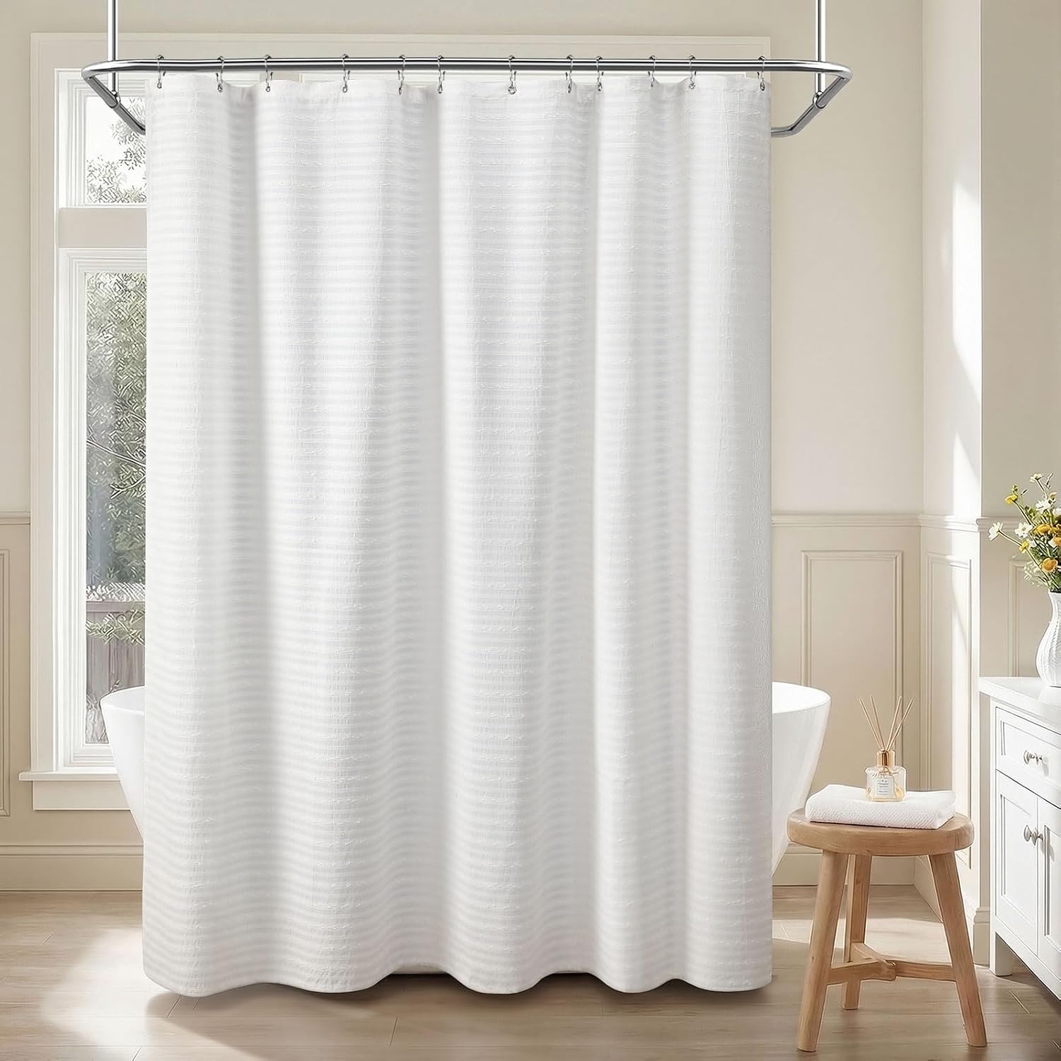White Shower Curtain,Cotton Fabric Boho Textured with Stripe Fabric Shower Curtains for Bathroom, 72" W x 72" L