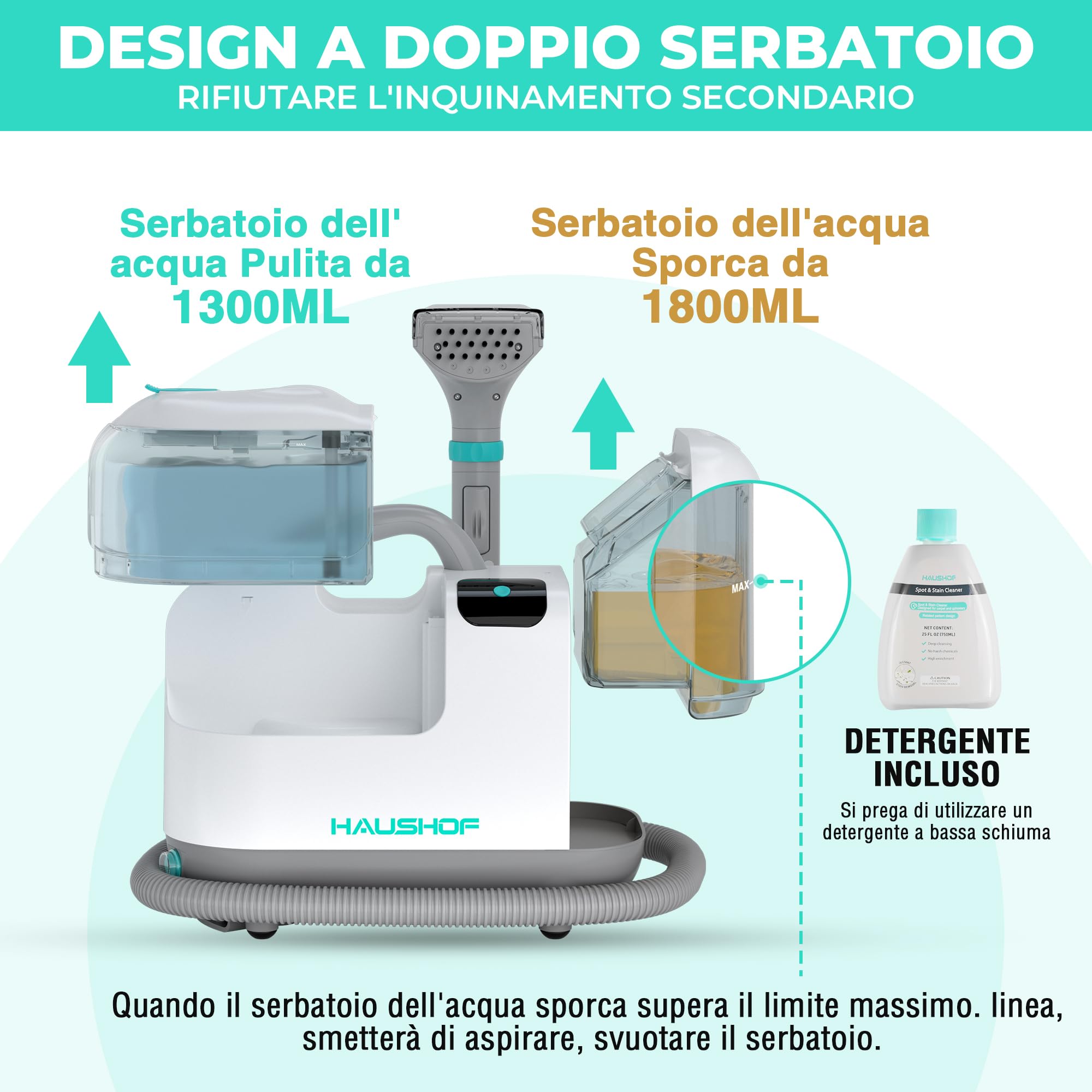 HAUSHOF StainZapper Vapo - Lavatappeti Portatile a Vapore 1200W, 1,8L Lava Tappezzeria con Riscaldamento per Sedili Auto, Moquette e Tappeti, pulitore a vapore per cucine e bagni Con 750ml Detergente
